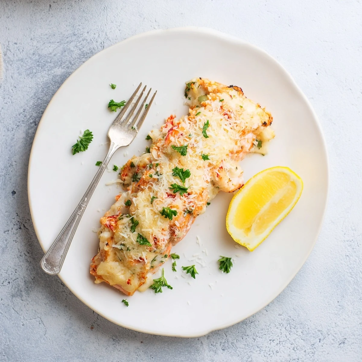 Crab & Shrimp Stuffed Salmon on a baking sheet with a creamy filling and lemon garnish.