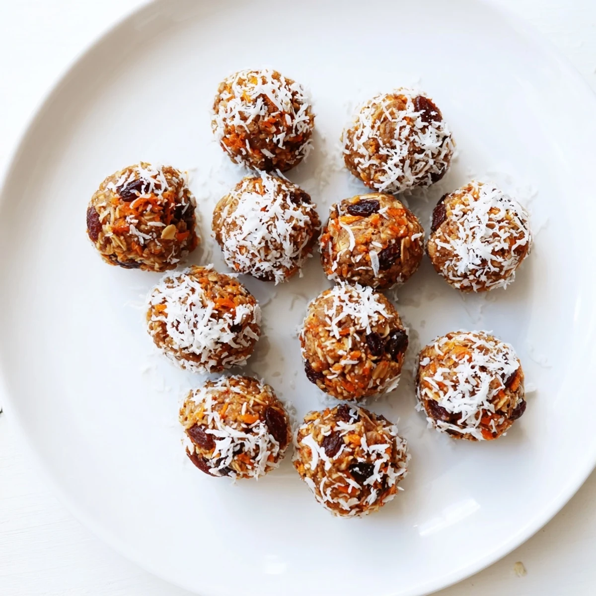 Freshly rolled No Bake Carrot Cake Bites coated with shredded coconut and walnuts.