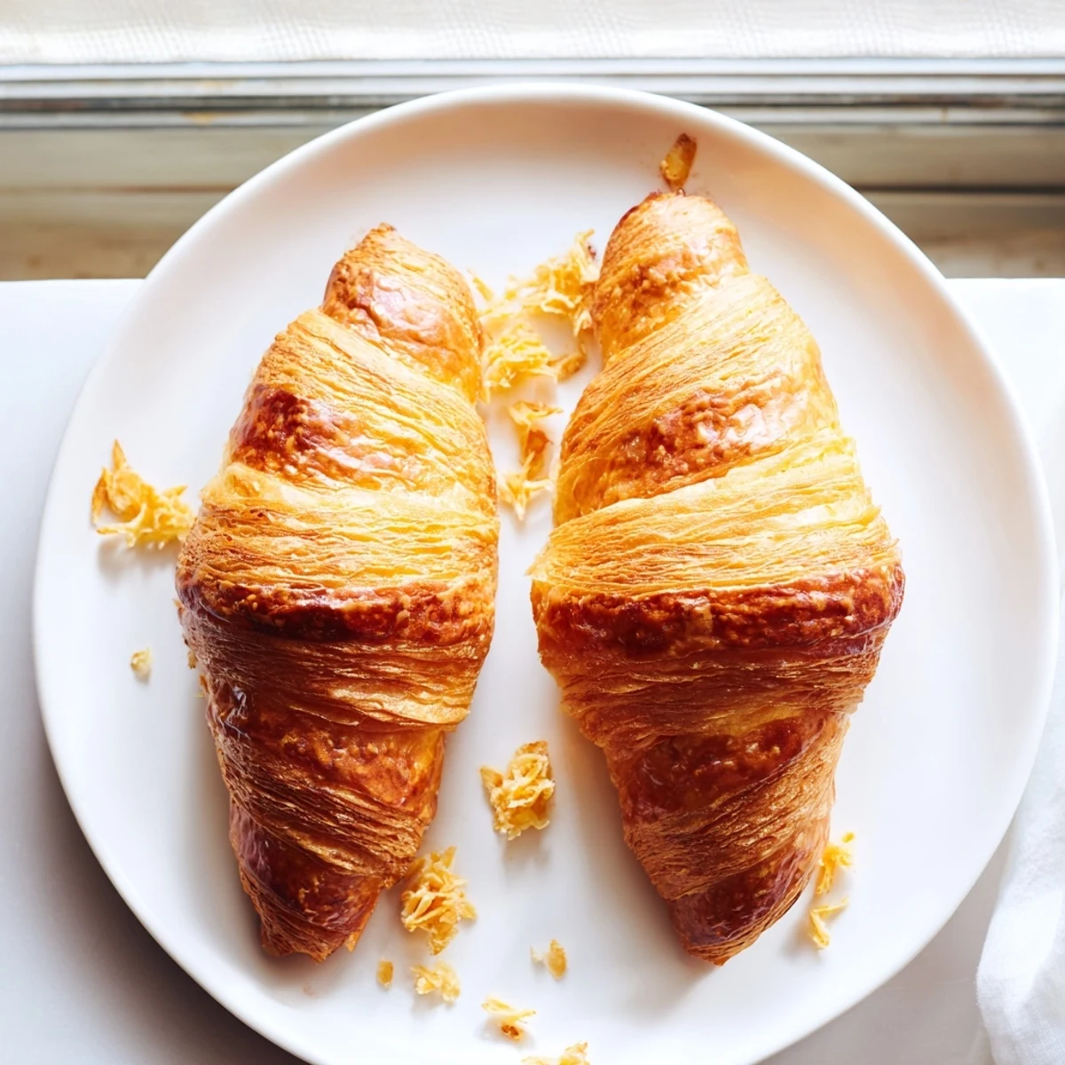 Golden-brown gluten-free croissants flake apart on a white plate next to a jar of berry jam.