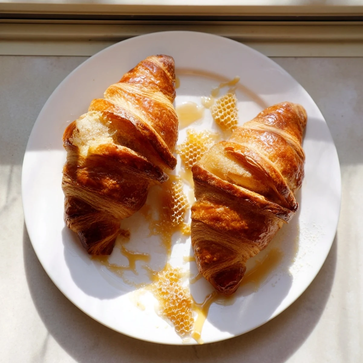 Gluten-free croissants are displayed on a cooling rack with a knife and honey drizzle nearby.
