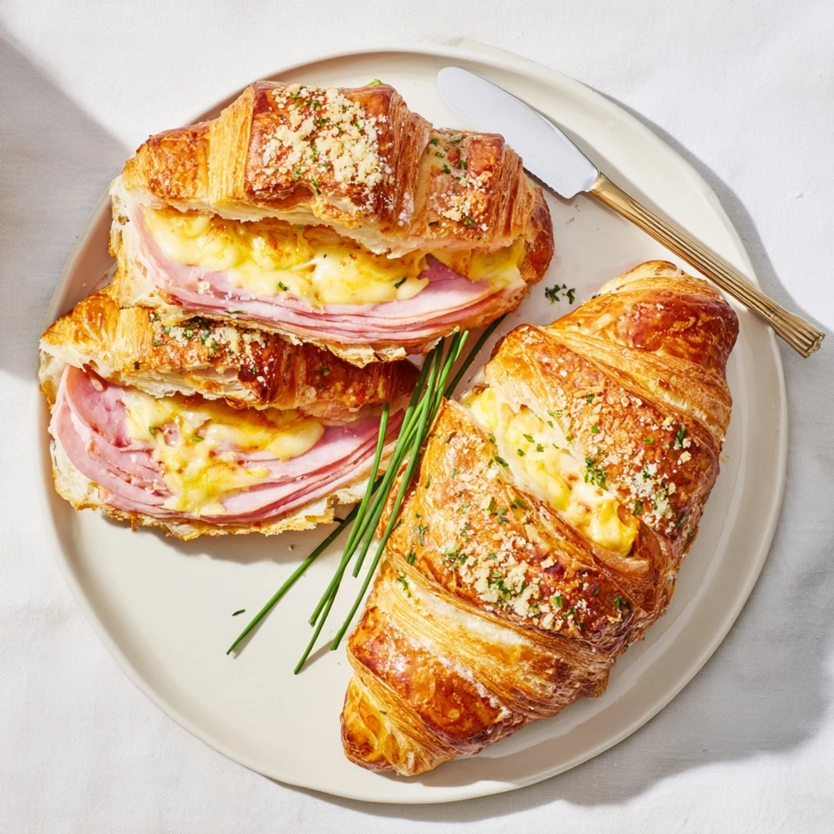 Freshly baked Stuffed Croissants with melted Swiss cheese and ham peeking out of golden, flaky layers.