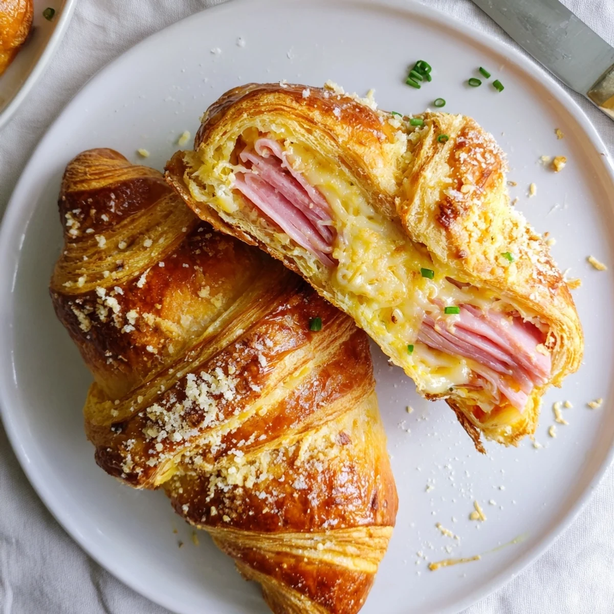 Close-up of golden Stuffed Croissants on a baking sheet, featuring ham and cheese filling for a satisfying snack.
