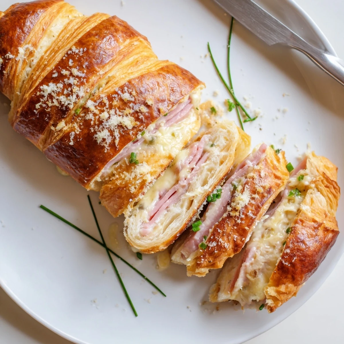 Savory Stuffed Croissants served warm, showcasing a rich Dijon sauce and a side salad for brunch.