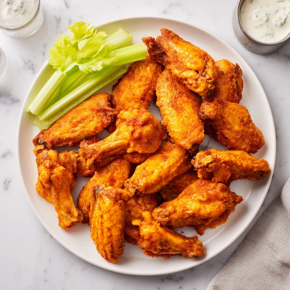Golden-brown Crispy Smoked Buffalo Wings rest on a platter with celery sticks and blue cheese dressing.