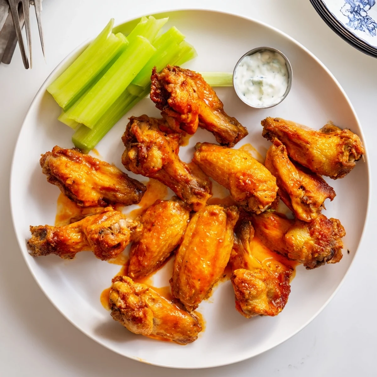 Juicy Crispy Smoked Buffalo Wings tossed in tangy buffalo sauce, served with celery and a dipping bowl.