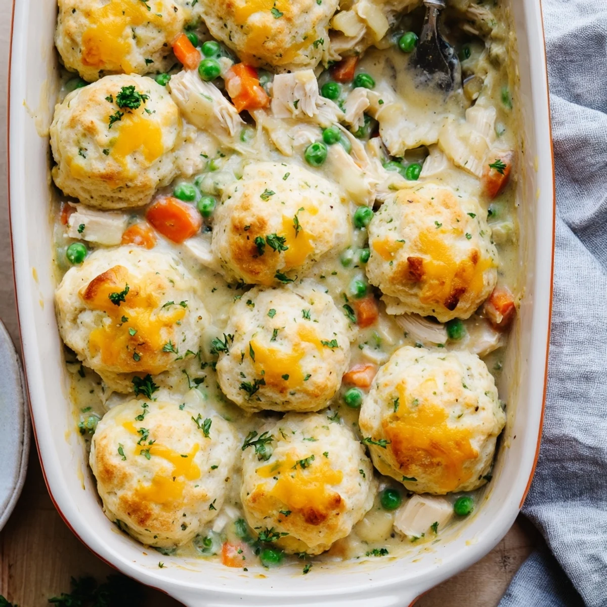 Golden, flaky Red Lobster Biscuit Chicken Pot Pie emerges from the oven with steam rising from the creamy filling.