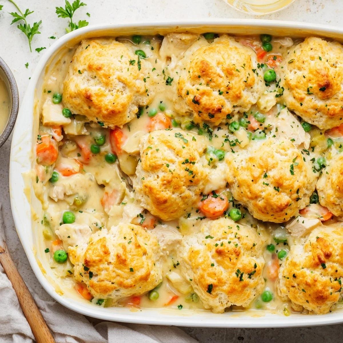 Serve a warm slice of Red Lobster Biscuit Chicken Pot Pie on a plate with a golden biscuit crust.