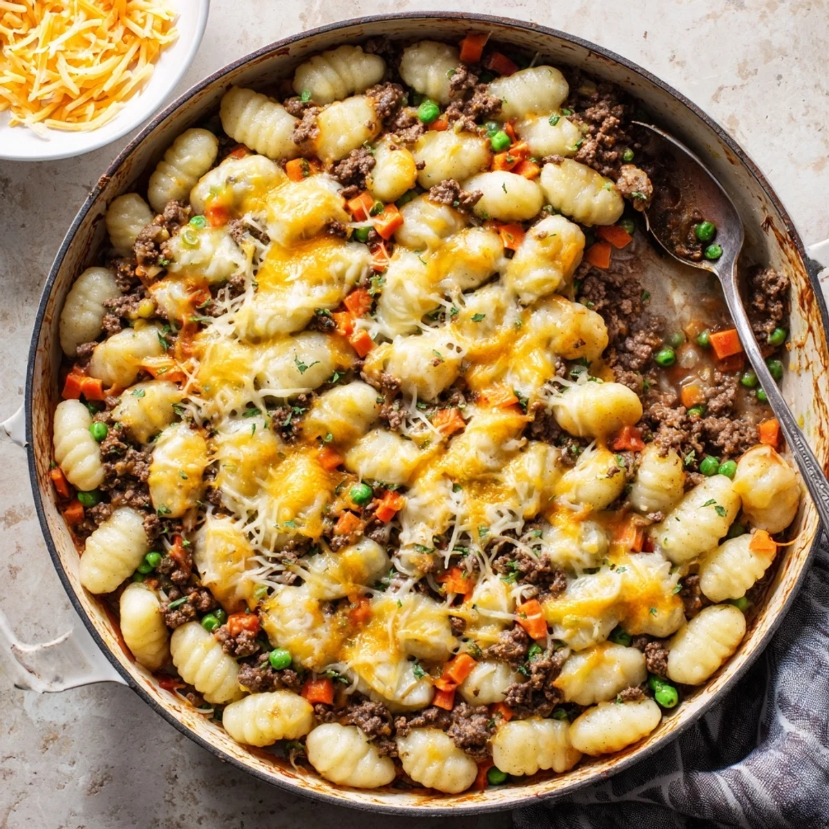 A close-up of the Quick Gnocchi Shepherds Pie showing golden melted cheese over gnocchi and a rich meat filling.