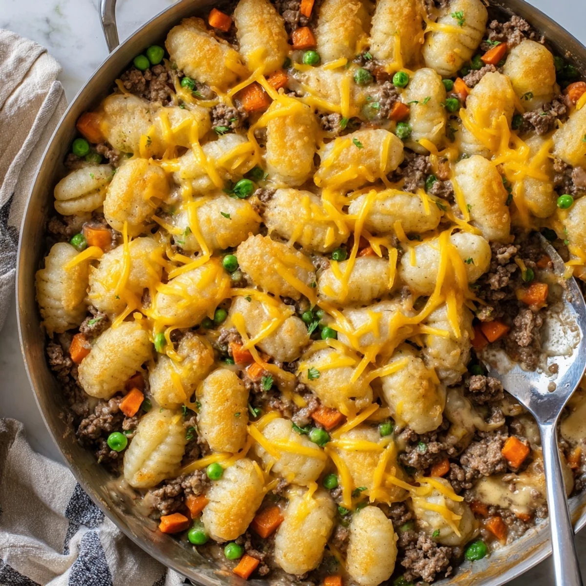 Overhead shot of freshly baked Quick Gnocchi Shepherds Pie with bubbly cheddar topping and rustic wooden serving spoon.