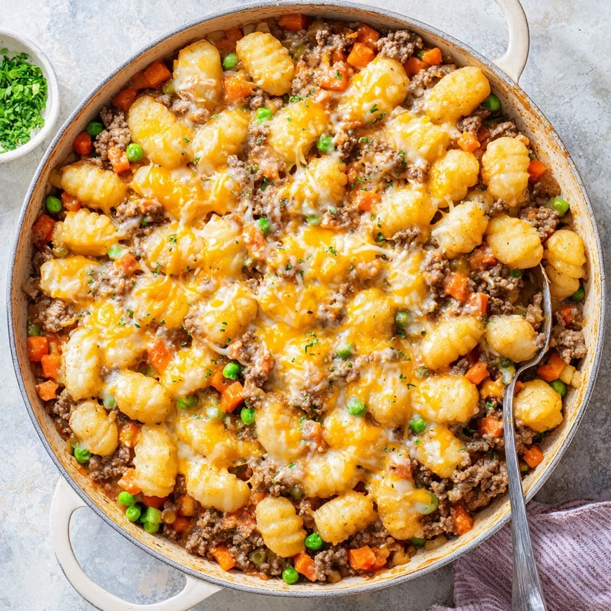 Top-down view of Quick Gnocchi Shepherds Pie in a skillet with steam rising and a side salad on the table.