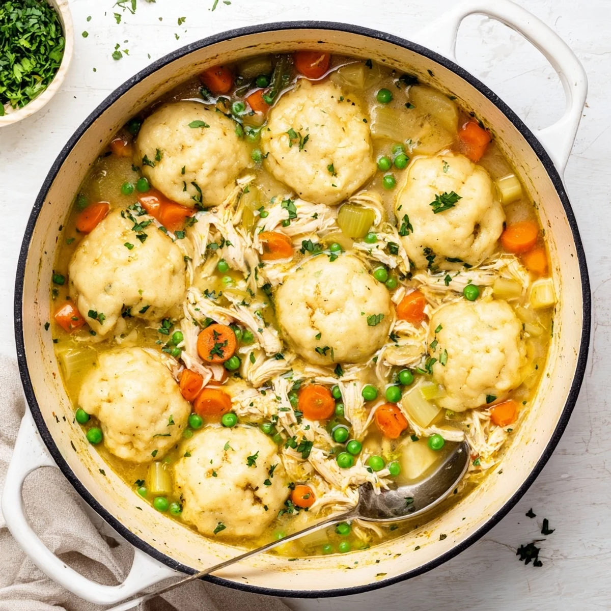 A comforting bowl of One Pot Chicken Dumpling Soup with fluffy dumplings, tender chicken, and vegetables, garnished with fresh parsley and served steaming hot.