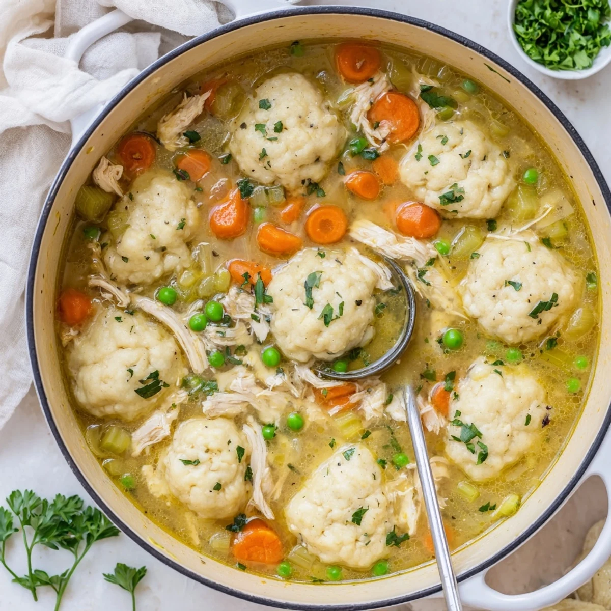 The hearty One Pot Chicken Dumpling Soup shows a rustic pot filled with golden-brown dumplings, tender chicken, and colorful veggies in a rich, savory broth.