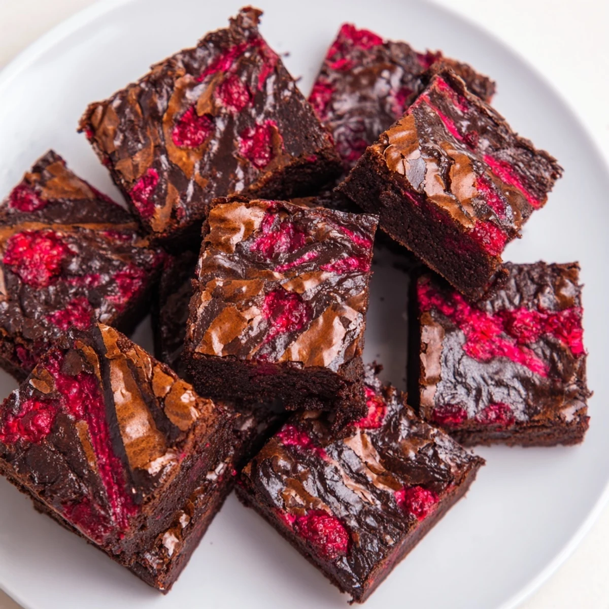 Close-up of Raspberry Swirl Brownies cut into squares, showing rich fudge texture and tangy red berry marbling on a marble board.