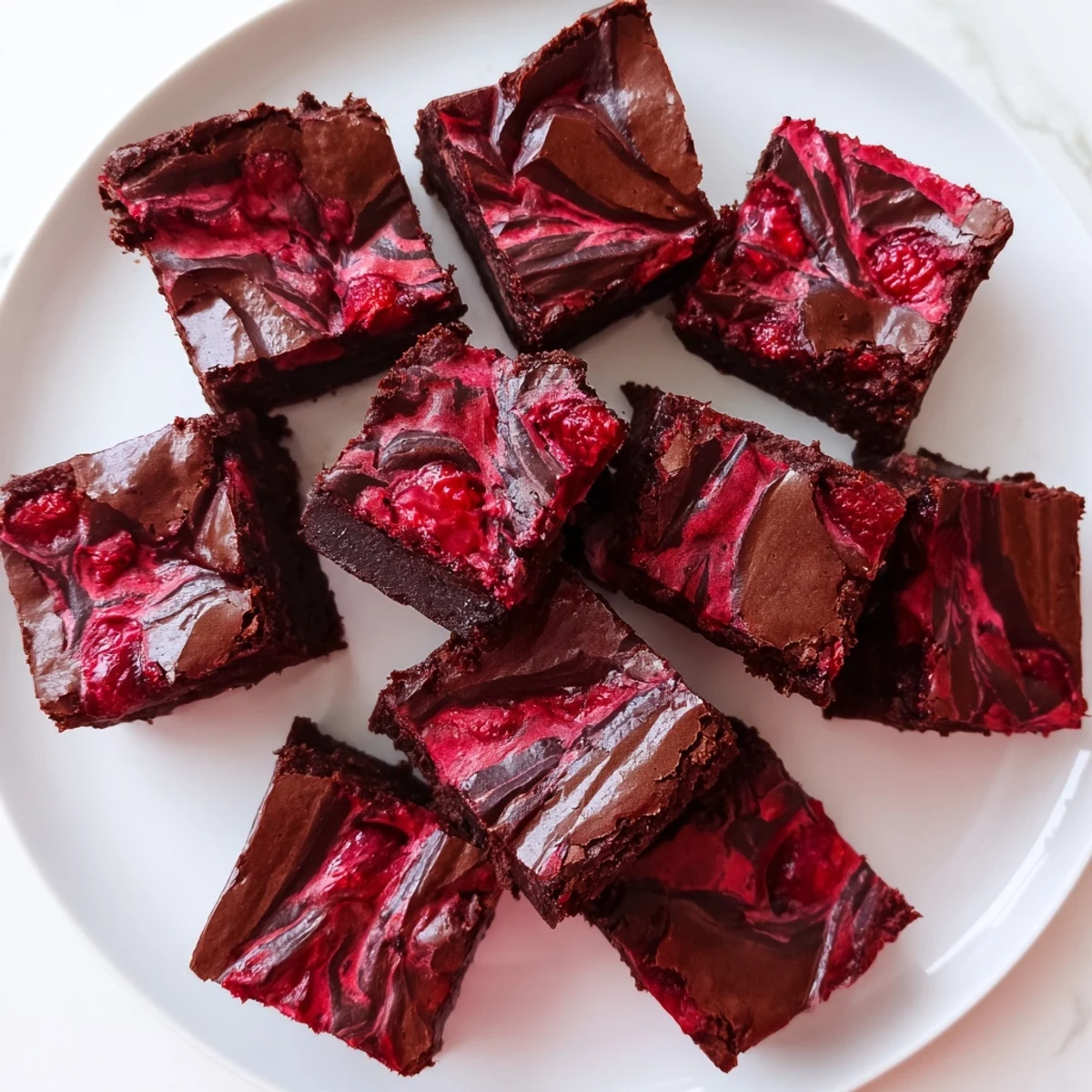 Plated Raspberry Swirl Brownies topped with fresh raspberries and a dusting of powdered sugar for a sweet-tart dessert presentation.