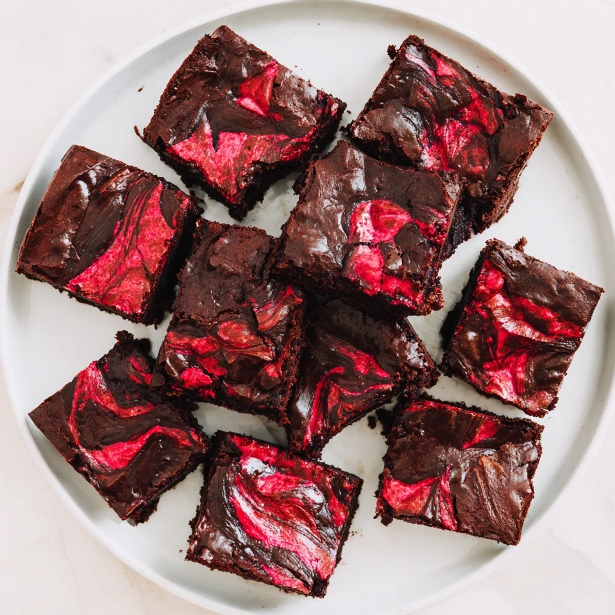 Raspberry Swirl Brownies baked in an 8-inch pan with glossy dark chocolate and vibrant raspberry swirls, ready to slice and serve warm.