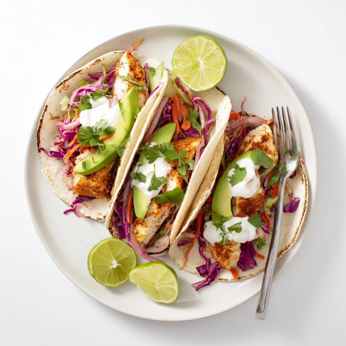 Golden-brown grilled barramundi strips nestled in warm corn tortillas with vibrant red cabbage slaw, topped with avocado slices.