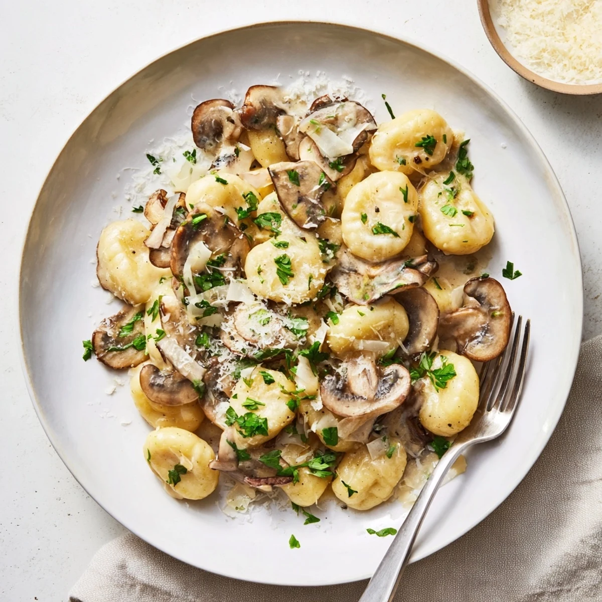 A close-up of Creamy Mushroom Gnocchi in a skillet, showcasing golden-brown mushrooms and tender potato dumplings coated in a velvety garlic cream sauce with a sprinkle of fresh parsley.