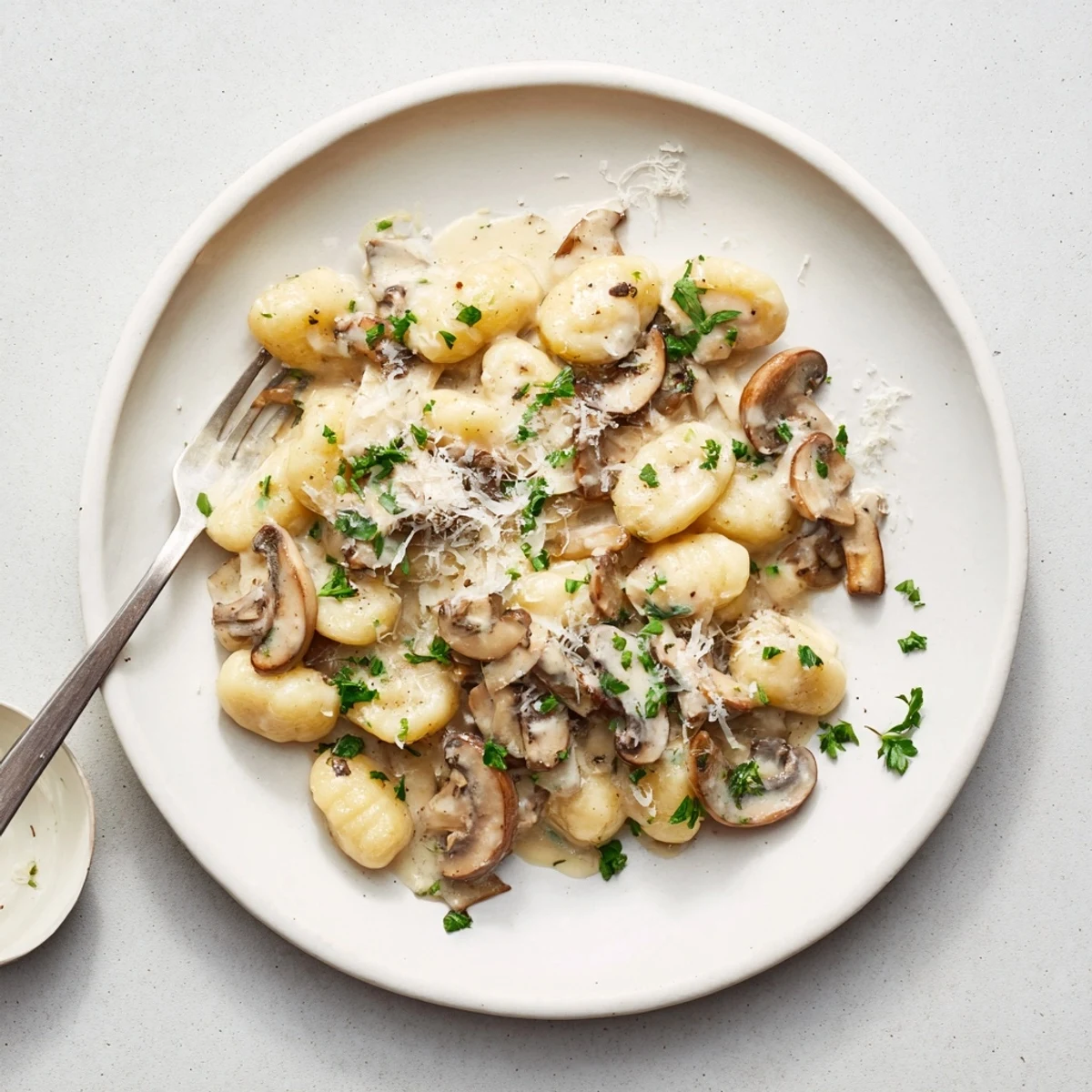 Steaming Creamy Mushroom Gnocchi served in a rustic white bowl, perfect for a cozy dinner, with a fork lifting a bite revealing the rich Parmesan sauce and earthy mushroom slices.