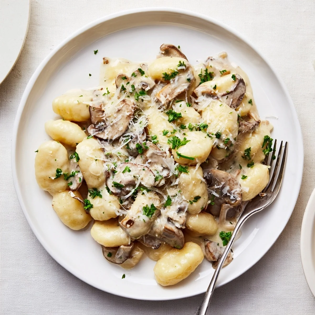 Overhead view of Creamy Mushroom Gnocchi plated with a side salad and a glass of white wine, highlighting the creamy texture and aromatic herbs for a restaurant-quality vegetarian meal.