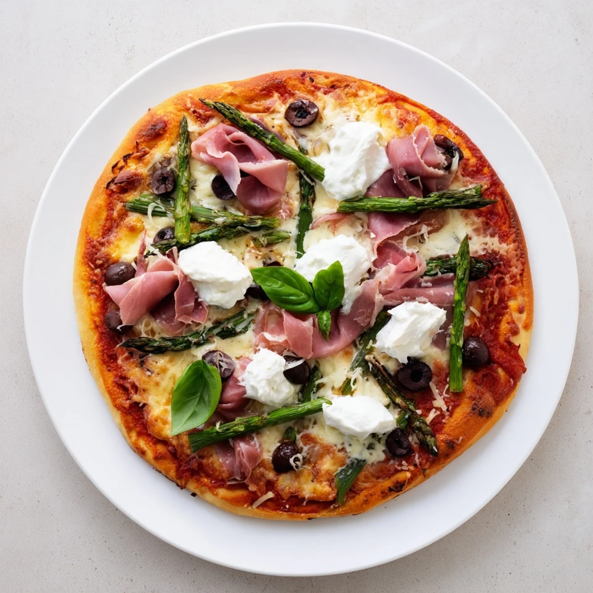 Freshly baked Ham, Olive, Asparagus, and Ricotta Pizza topped with golden melted cheese and herbs.