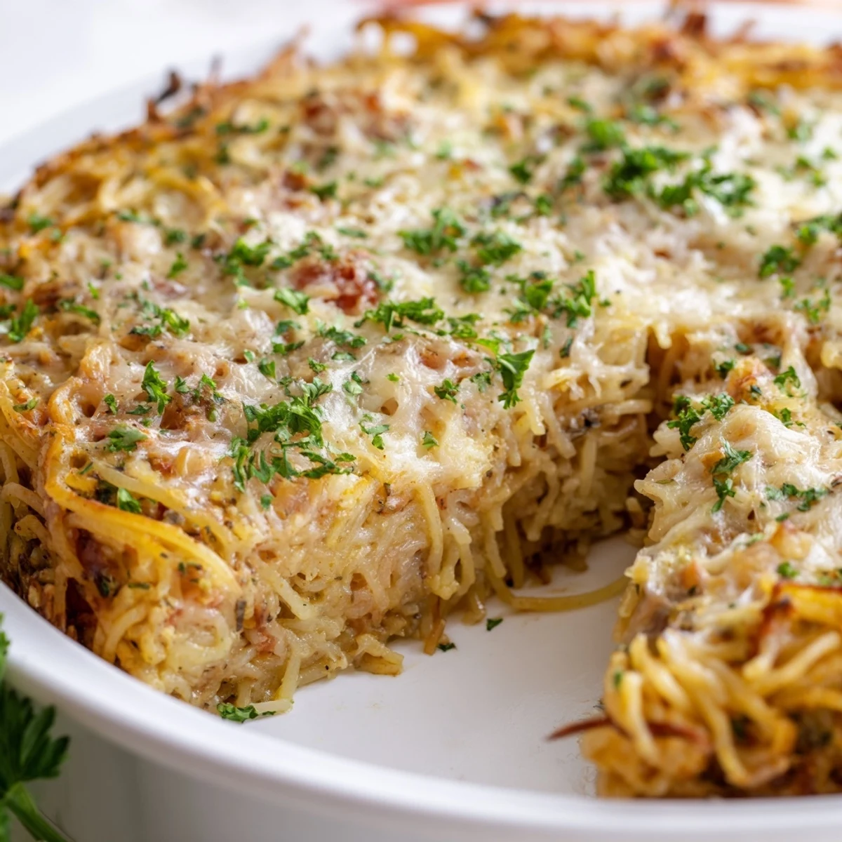 A close-up view reveals a steaming wedge of Impossible Pasta Pie, highlighting melted mozzarella and fresh basil garnish on top.