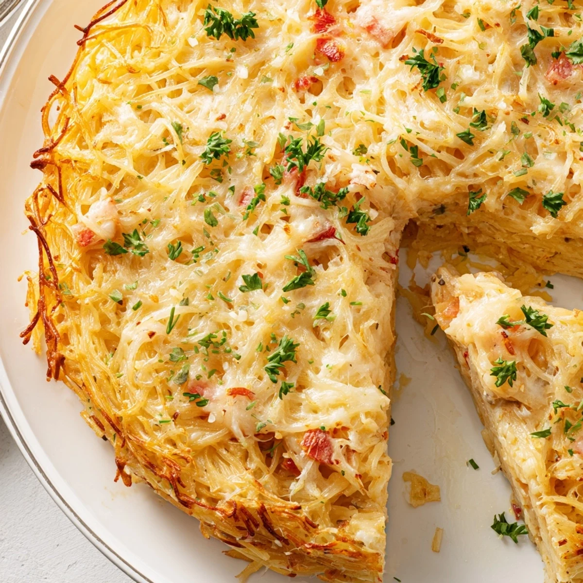 Freshly baked Impossible Pasta Pie sits golden and sliceable, showcasing spaghetti strands in a cheesy egg custard with Italian herbs.