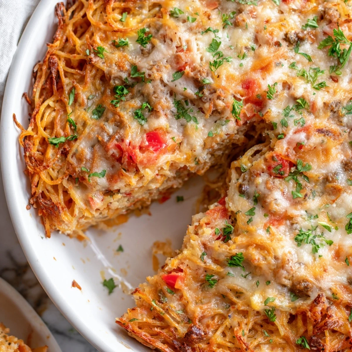 Savory Impossible Pasta Pie emerges from the oven bubbly and set, ready to serve with a crisp green salad on the side.