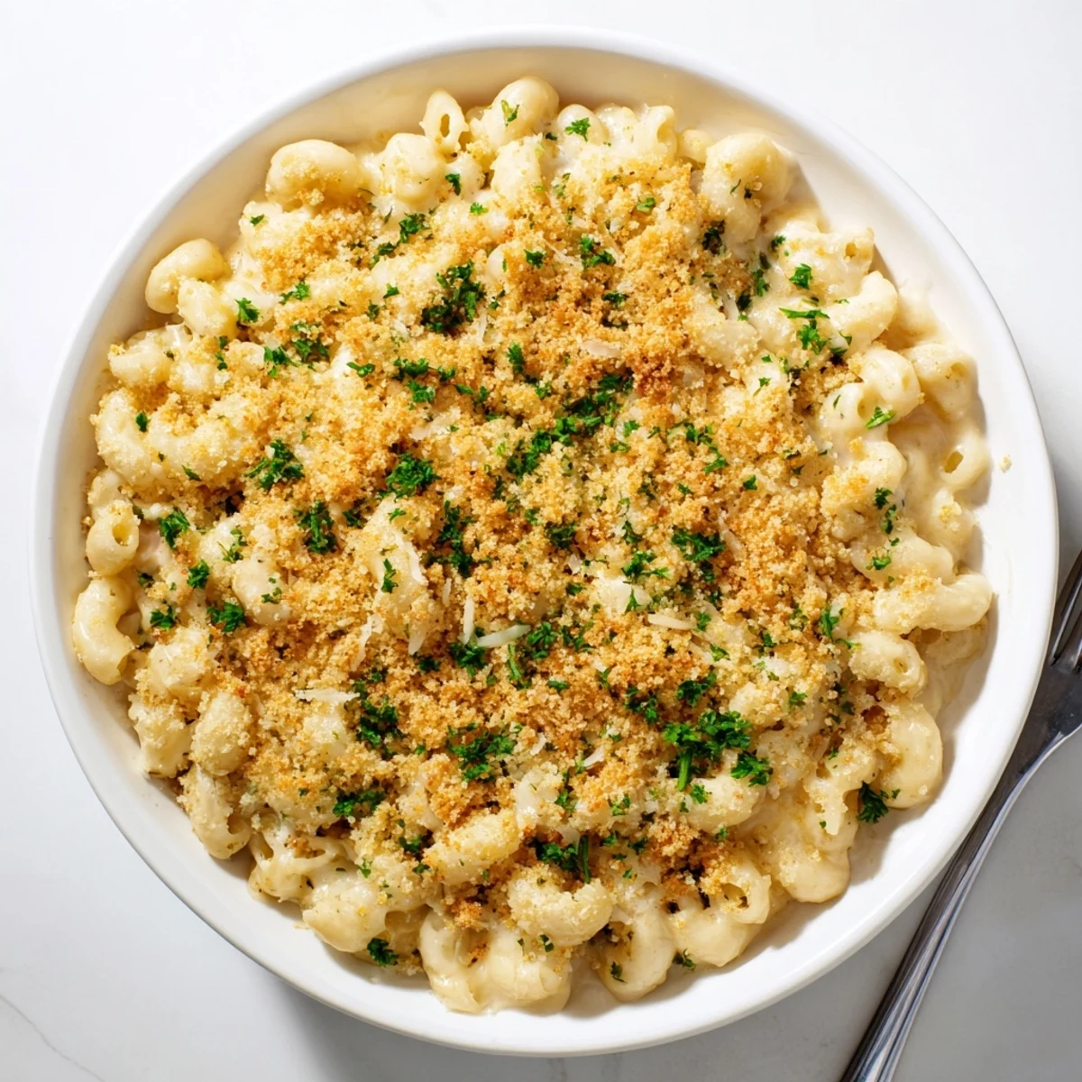 Golden, crunchy panko topping covers creamy Baked Mac and Cheese in a white ceramic baking dish, ready to serve.
