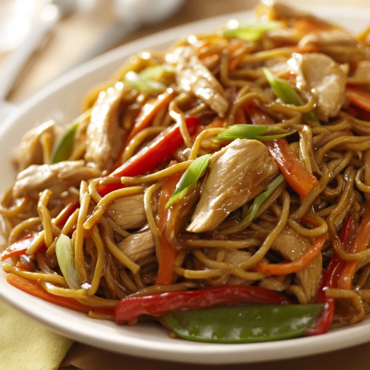 Freshly plated Chicken Chow Mein shows juicy chicken and vibrant stir-fry vegetables beside a small bowl of soy dipping sauce.