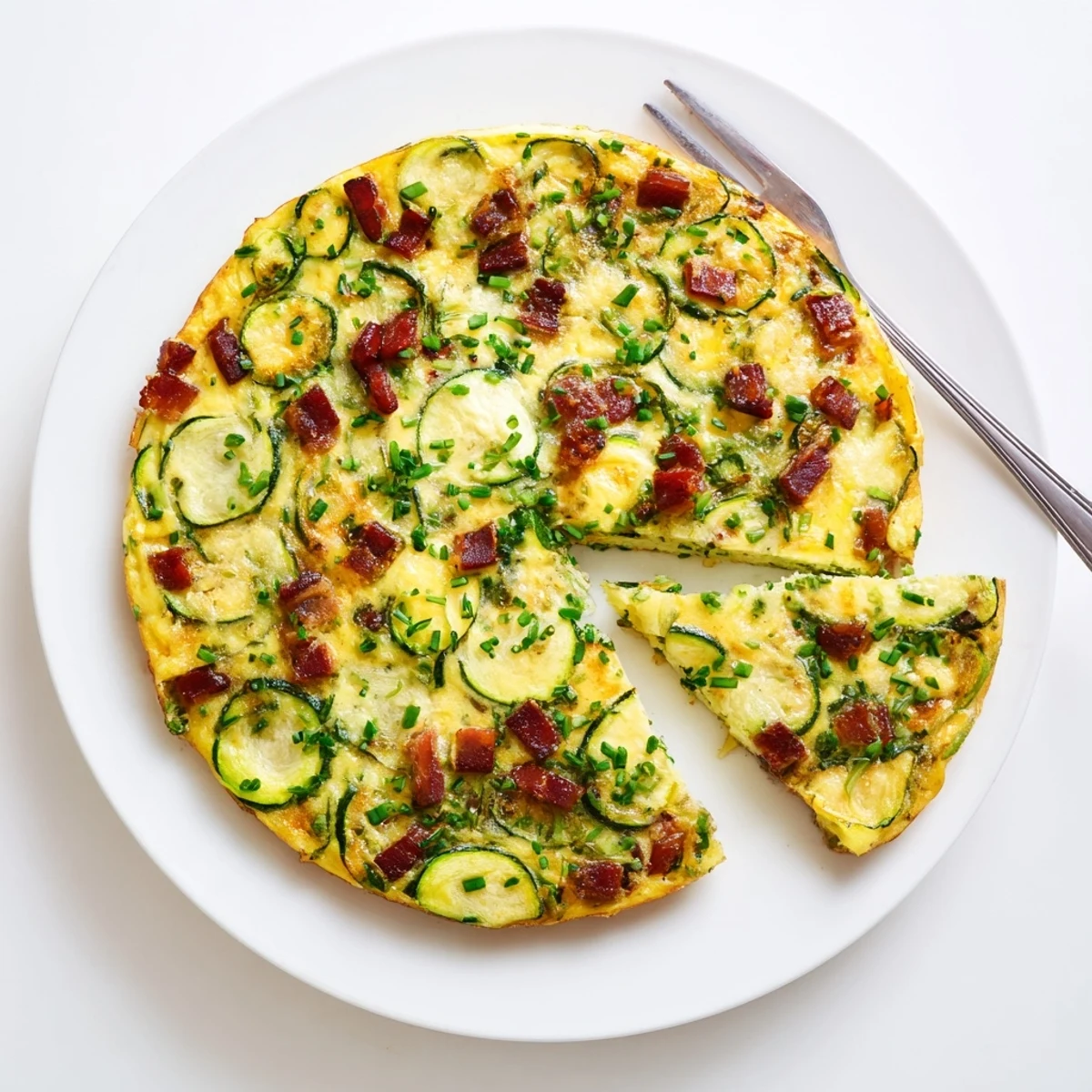 Freshly baked Zucchini Herb and Pancetta Frittata in a skillet with golden edges, sliced zucchini and crispy pancetta pieces visible.