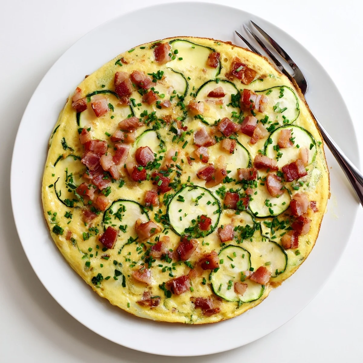 Stovetop to oven Zucchini Herb and Pancetta Frittata sliced into wedges, showing fluffy eggs, tender zucchini, and crispy pancetta inside.