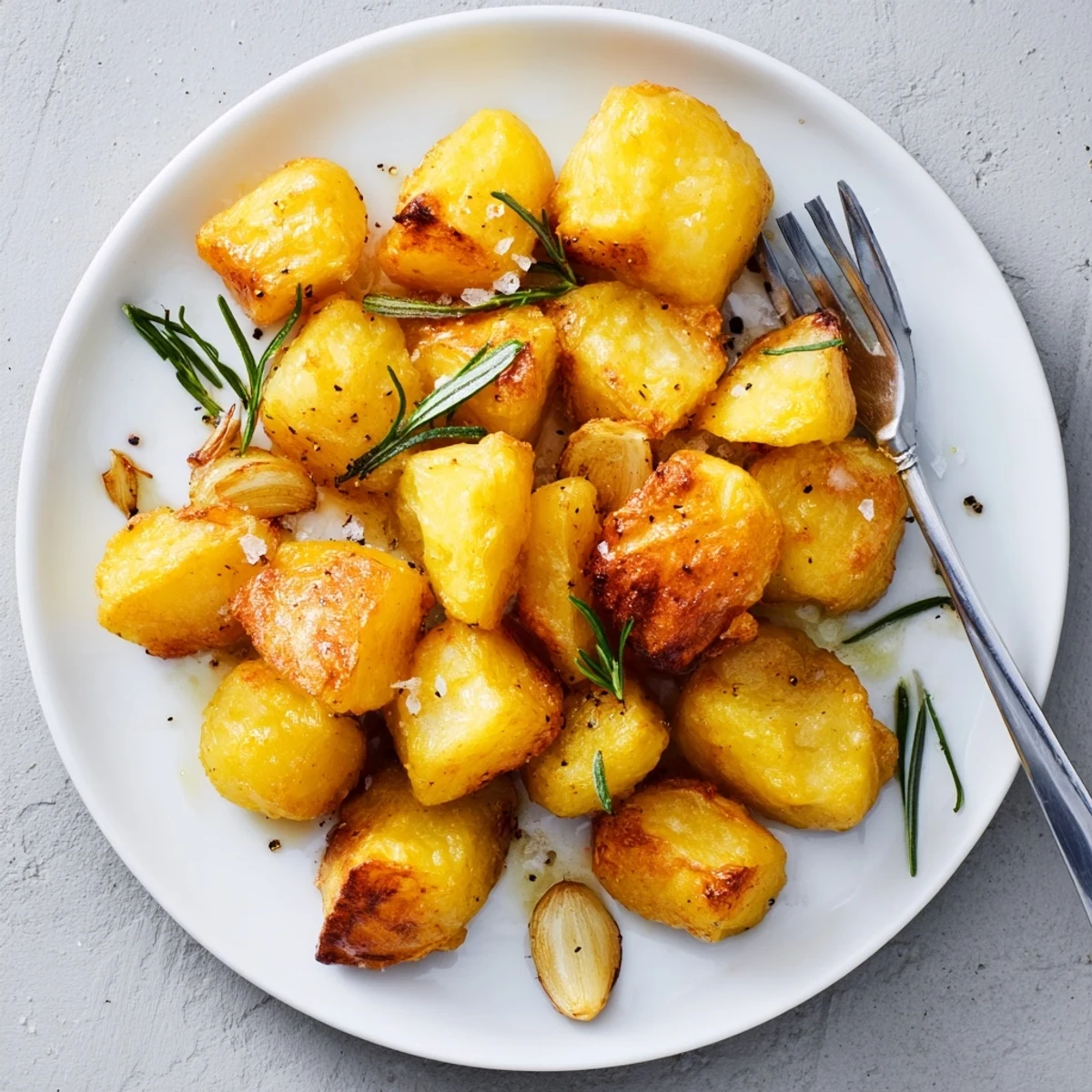 Fresh rosemary and garlic enhance these crispy roast potatoes on a rustic baking sheet ready to serve.