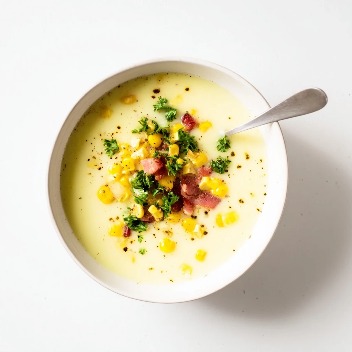 A close-up of hot yoghurt soup featuring crispy bacon bits and sweet corn kernels.