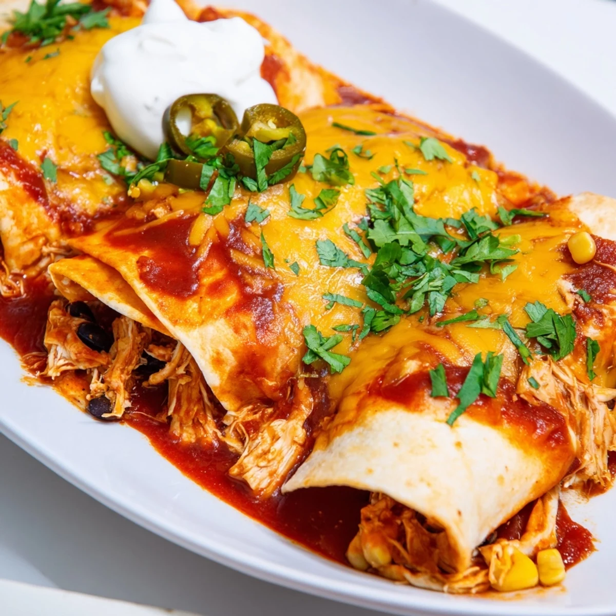 A close-up of baked Chicken Enchiladas in a dish, topped with melted cheese and fresh cilantro.