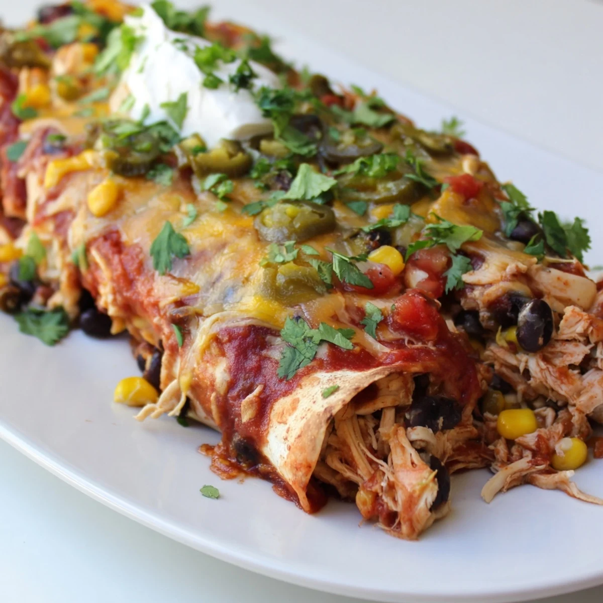 Sizzling Chicken Enchiladas served on a plate with a dollop of sour cream and sliced jalapeños.