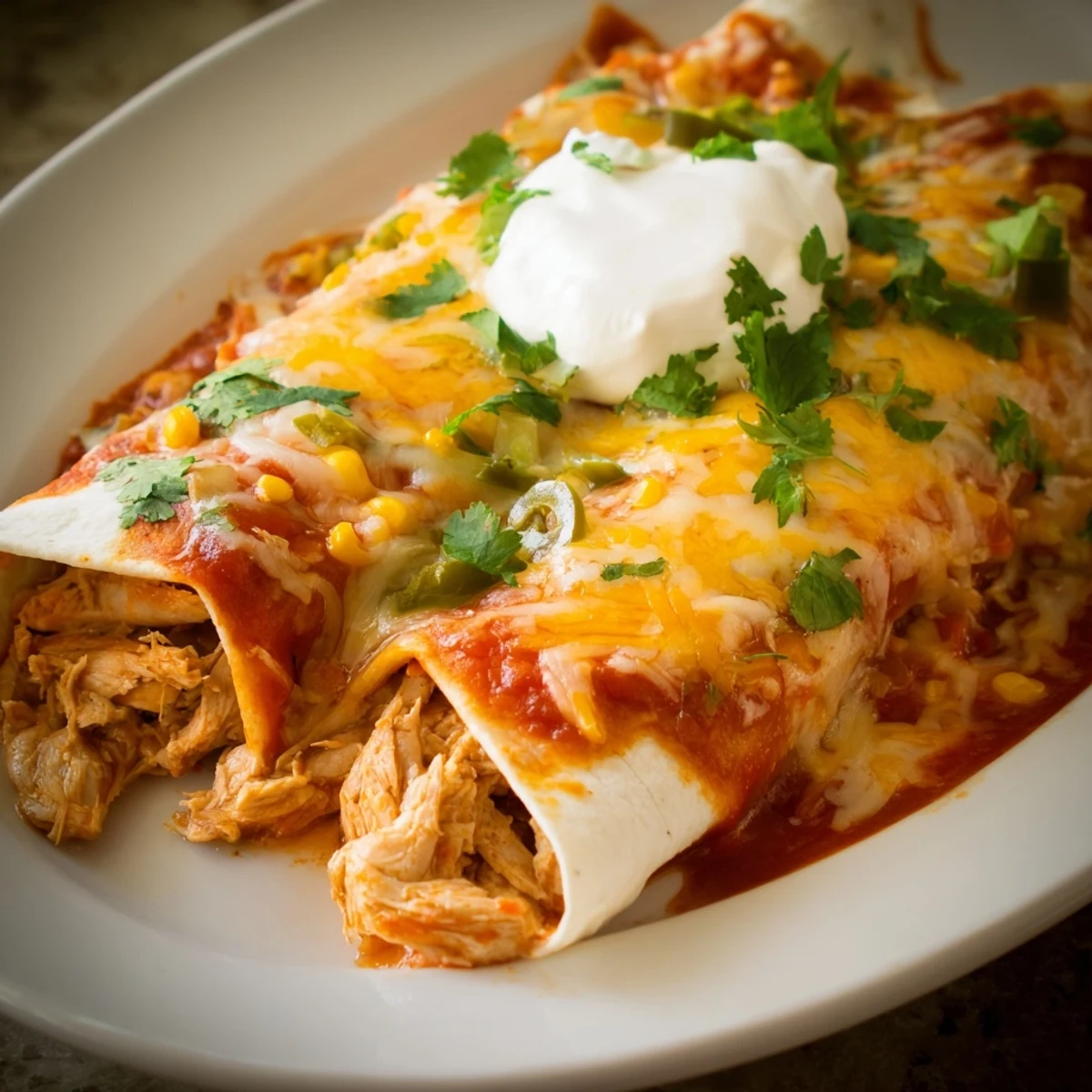 Soft tortillas filled with shredded chicken and covered in zesty red enchilada sauce are baked until bubbly.