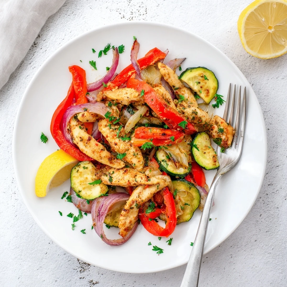 Mediterranean Chicken Stir Fry with golden chicken strips and bright peppers in a skillet.