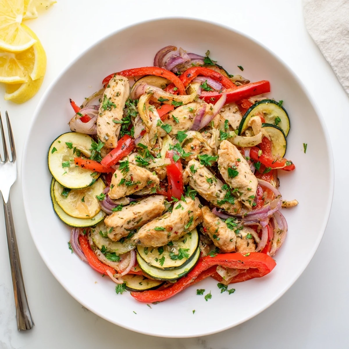 A fresh Mediterranean Chicken Stir Fry served over fluffy quinoa with lemon wedges.