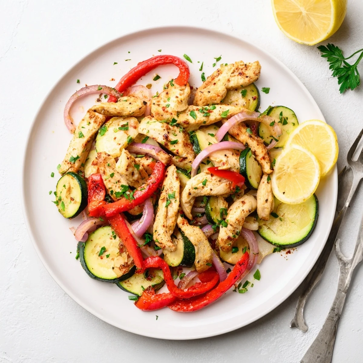 Mediterranean Chicken Stir Fry features juicy chicken, zucchini, and oregano, garnished with parsley.