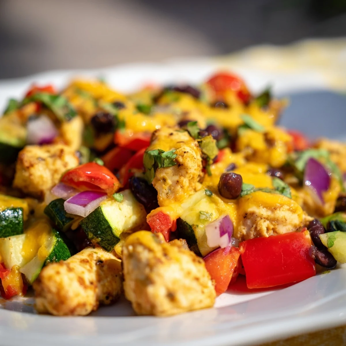 Golden, melty cheese blankets juicy chicken and sautéed zucchini in this sizzling Tex Mex Chicken and Zucchini one-pan meal. 