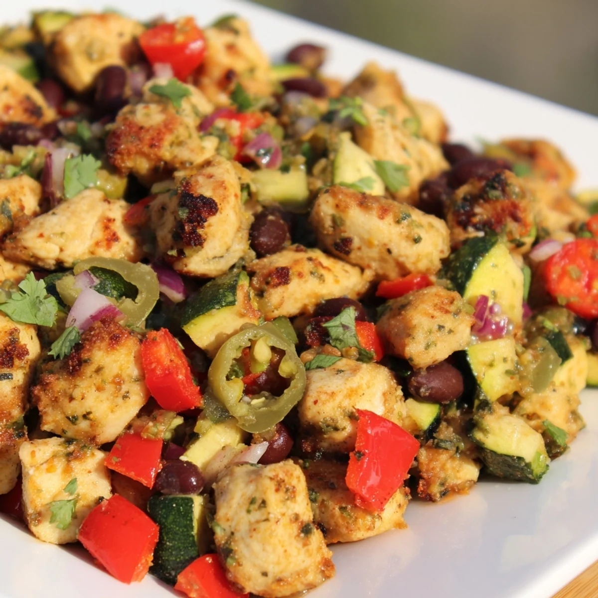 Vibrant diced vegetables and black beans accompany tender chicken pieces in this finished Tex Mex Chicken and Zucchini skillet. 