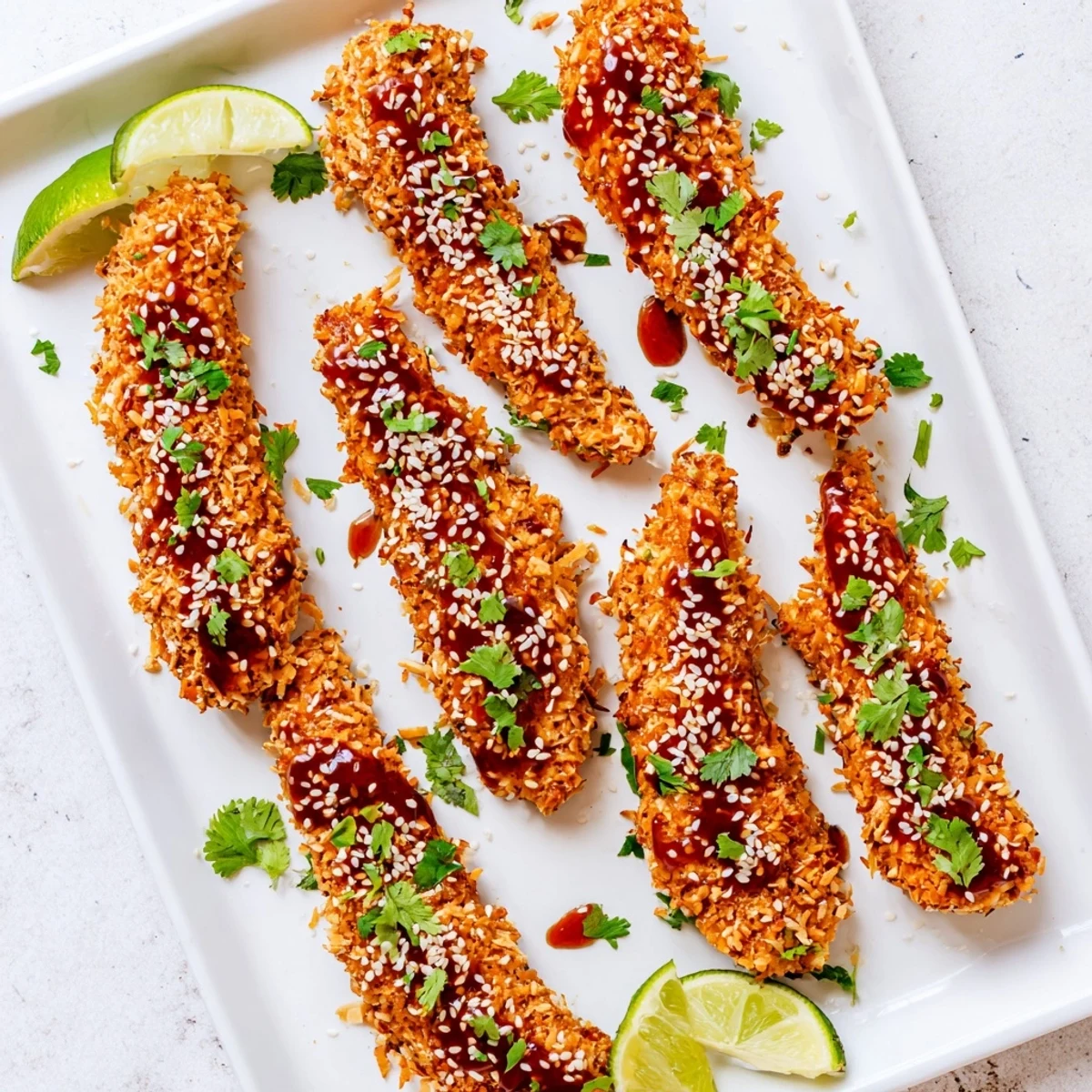 Golden brown Thai Sticky Chicken Fingers arranged on a platter with lime wedges and fresh cilantro for dipping