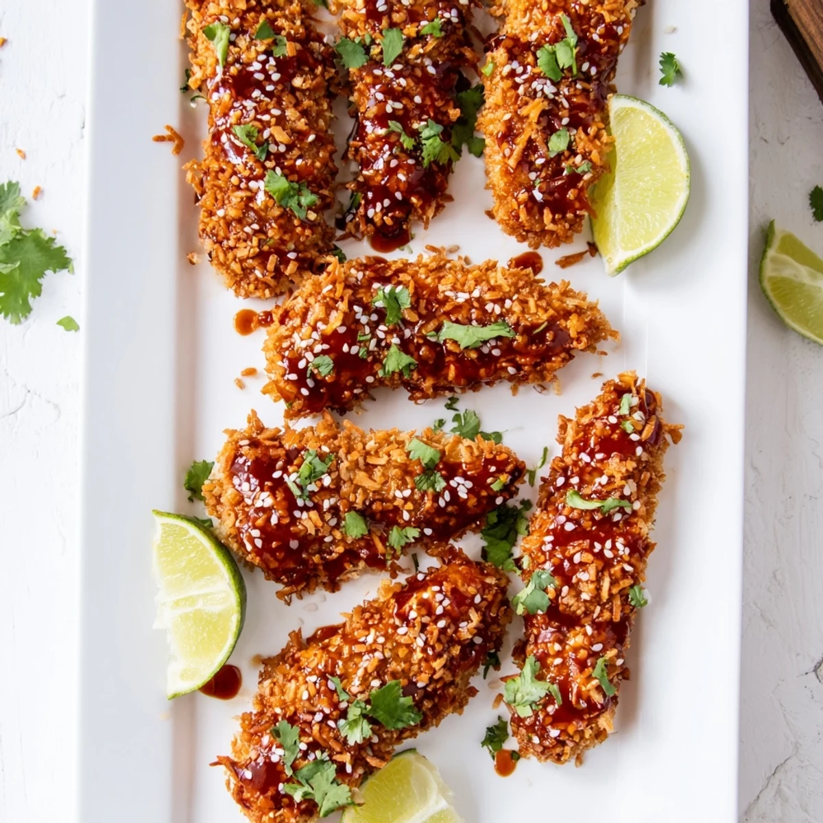 Golden Thai Sticky Chicken Fingers tossed in tangy glaze, garnished with cilantro and sesame seeds beside jasmine rice