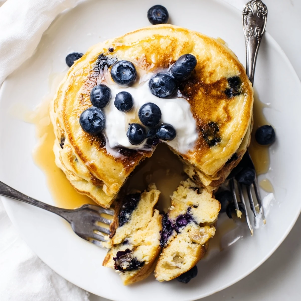 Golden Greek Yogurt Blueberry Pancakes topped with syrup, fresh berries, and a side of creamy yogurt.