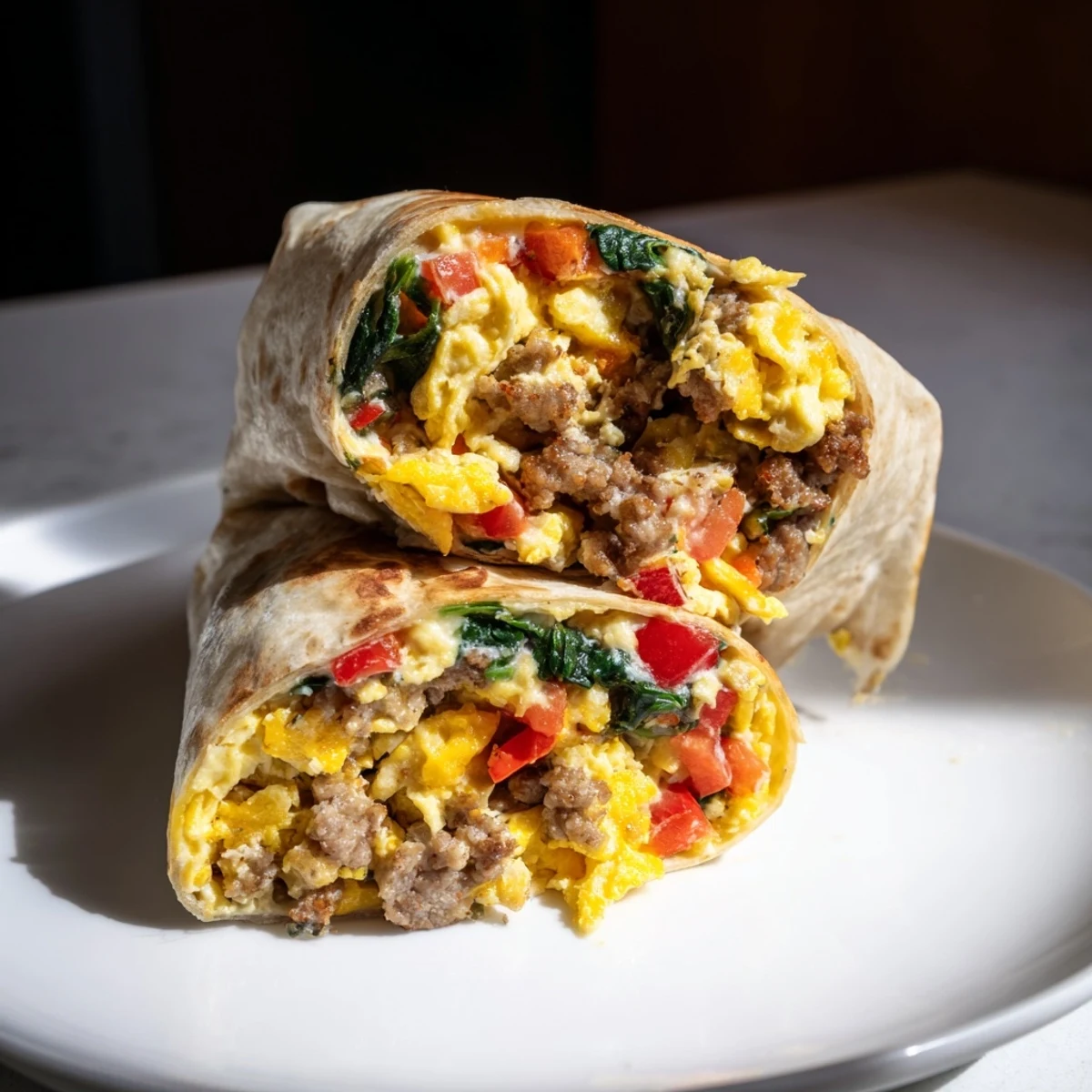 Soft Make-Ahead Breakfast Burritos on a plate, filled with fluffy eggs, melted cheese, and colorful veggies.