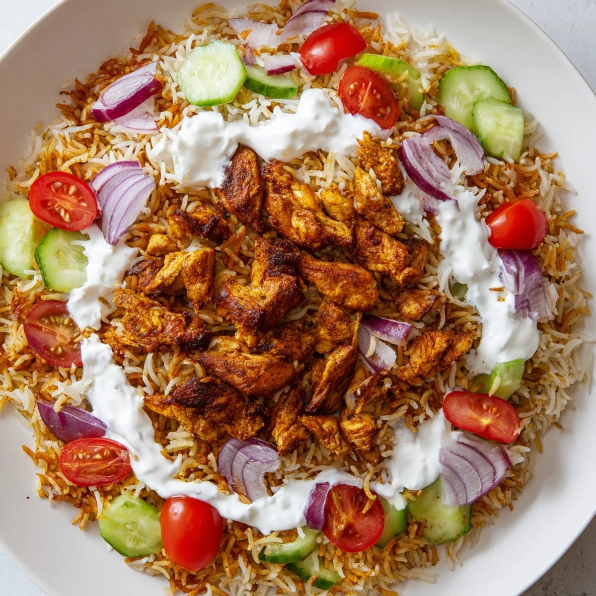 Juicy shawarma spiced chicken, crispy basmati rice, cucumbers, tomatoes, and tangy Greek yogurt dressing in Chicken Shawarma Crispy Rice Salad.