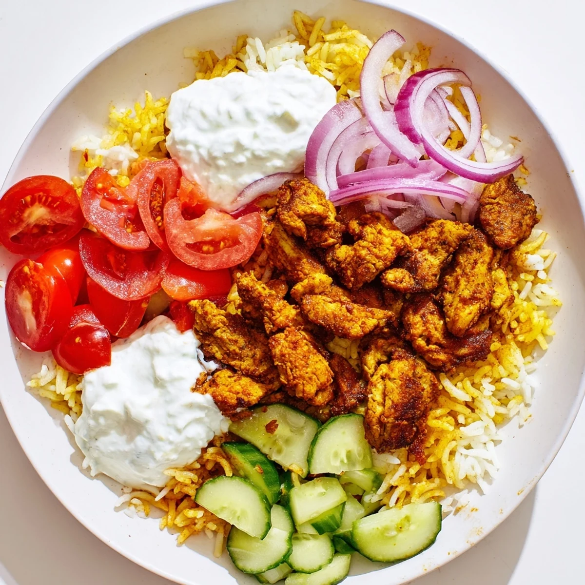 Colorful bowl of Chicken Shawarma Crispy Rice Salad featuring crisp cucumbers, cherry tomatoes, and fragrant spiced chicken over warm, crunchy rice.
