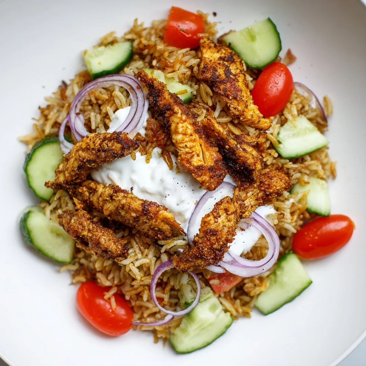 Heaping platter of Chicken Shawarma Crispy Rice Salad with golden rice, tender chicken, fresh veggies, and creamy yogurt for a quick dinner.