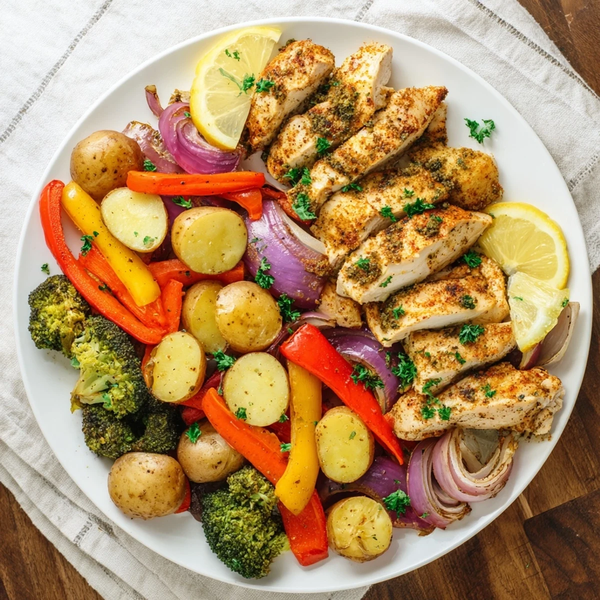 Golden-brown Sheet Pan Lemon Herb Chicken and Vegetables with zesty lemon wedges and fresh parsley garnish.