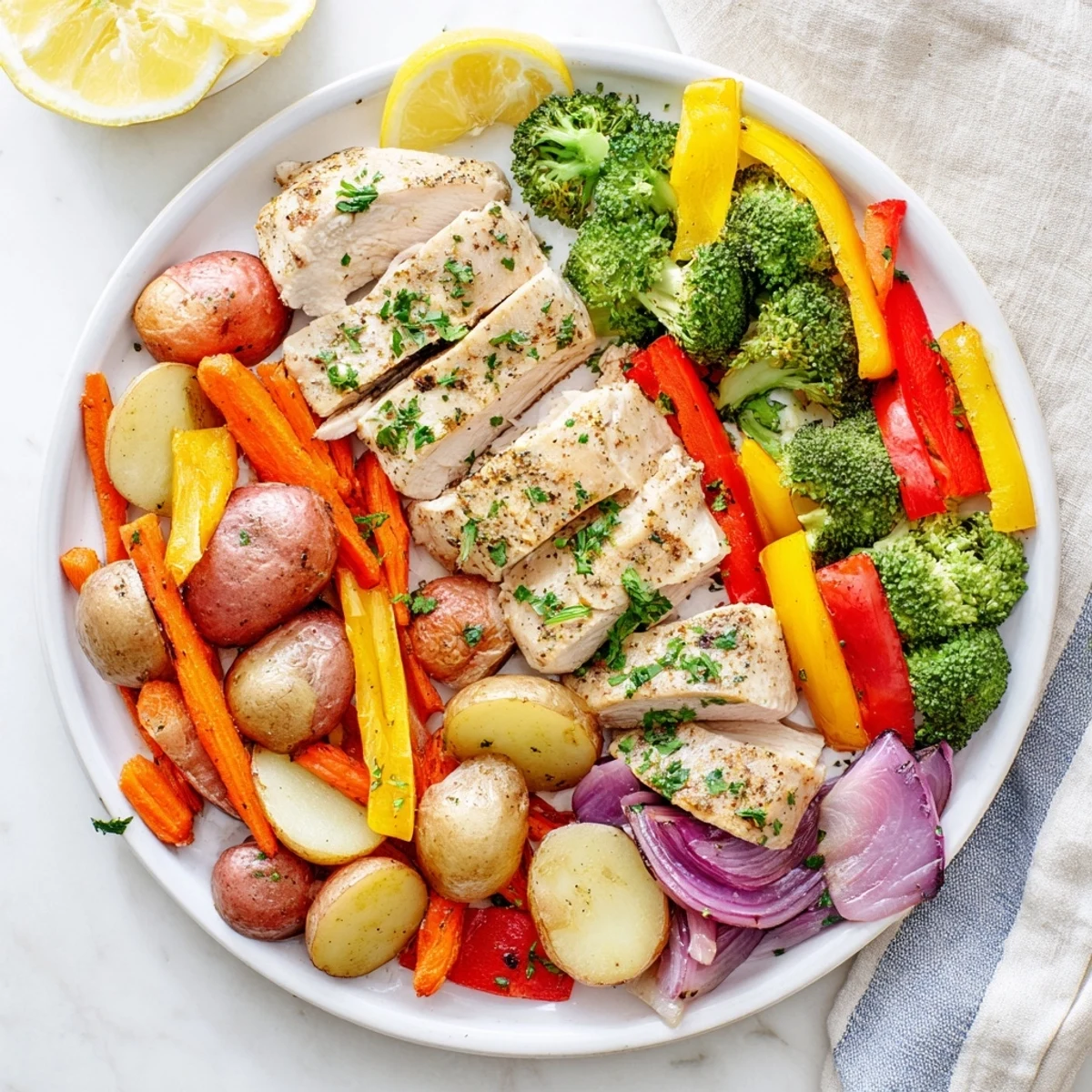 Juicy Sheet Pan Lemon Herb Chicken and Vegetables roasted with vibrant carrots and tender broccoli florets.